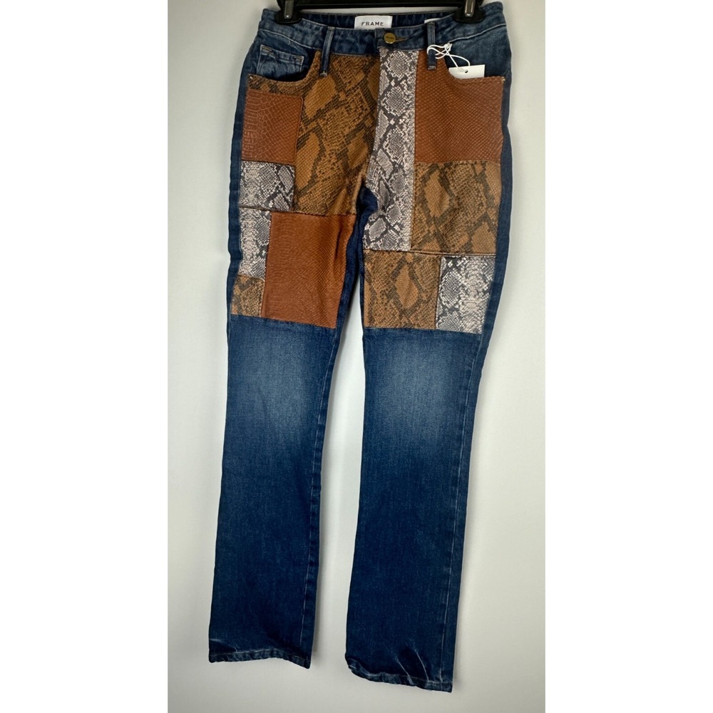 NEW FRAME Le Mini Boot Mid Rise Patchwork Snake Skin Print Denim Jeans Size 24 - Picture 2 of 15